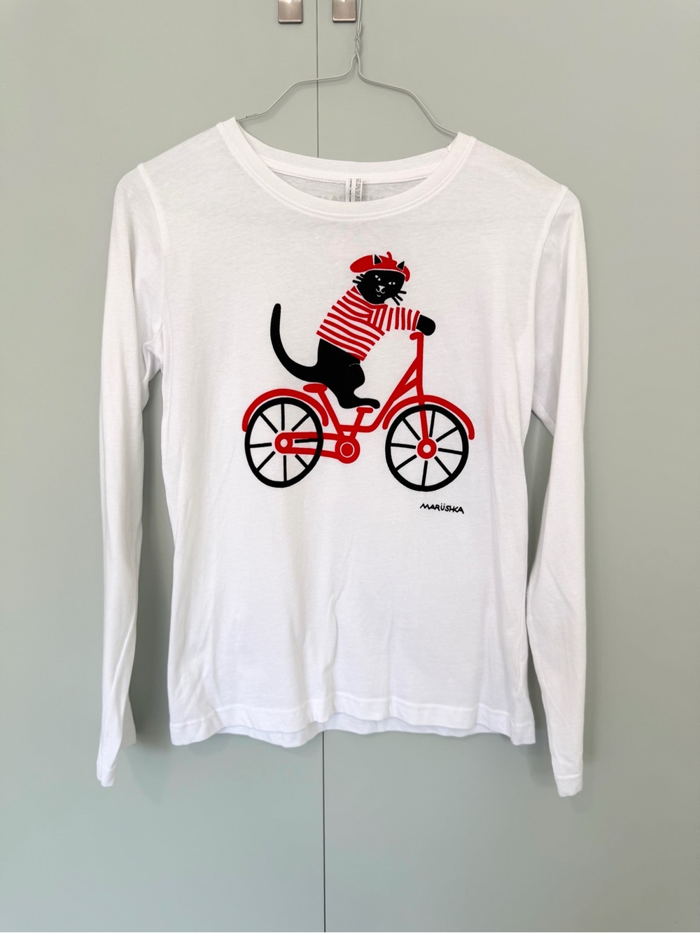 MARUSHKA Ladies Hand Printed Cotton French Kitty on Bicycle Long Sleeve T-Shirt